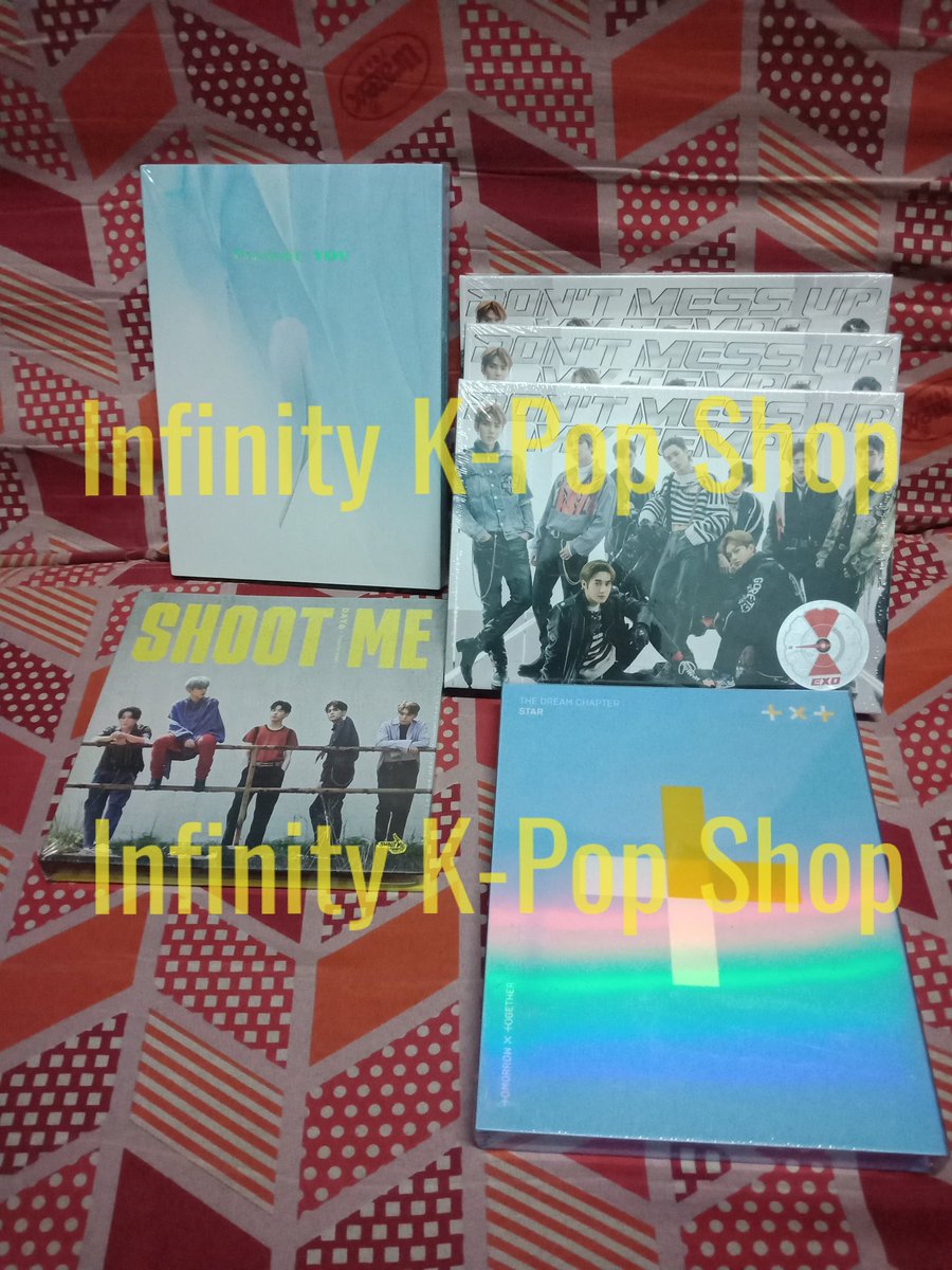  DAY6 - SHOOT ME : TRIGGER VER.PRICE : Php 850 EXO - DON'T MESS UP MY TEMPO : VIVACE VER. (w/ poster)PRICE : Php 1,350AVAILABLE : 3pcs - GOT7 - PRESENT YOUPRICE : Php 1,288TXT - THE DREAM CHAPTER : STAR (w/ poster)PRICE : Php 950