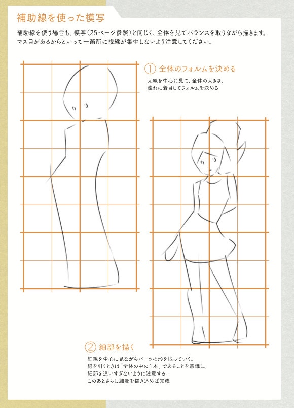 描き方がわかりません…
→描きたいイメージに近い素材を探してください。
それを見ながら描いてください。
以上!!全ての描き方終わり…
その時に細かい部分を見過ぎり、目や顔など意識しすぎる部分がバランス悪くなる。
正しく見るため水平、垂直の補助線が役立つ。
大きさ、角度が分析しやすくなる