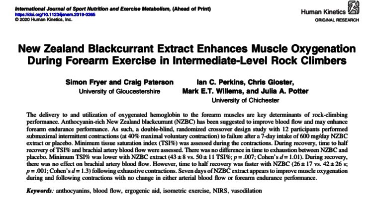 DrSiFryer's tweet image. Nice to see this published today in @IJSNEMJournal. It shows that New Zealand Black Currant improves muscle oxygenation in climbers with no changes in performance. A nice collaboration with @UoG_SEHW &amp;amp; @ChiUniSport #rockclimbing #nutrition #sport see: journals.humankinetics.com/view/journals/