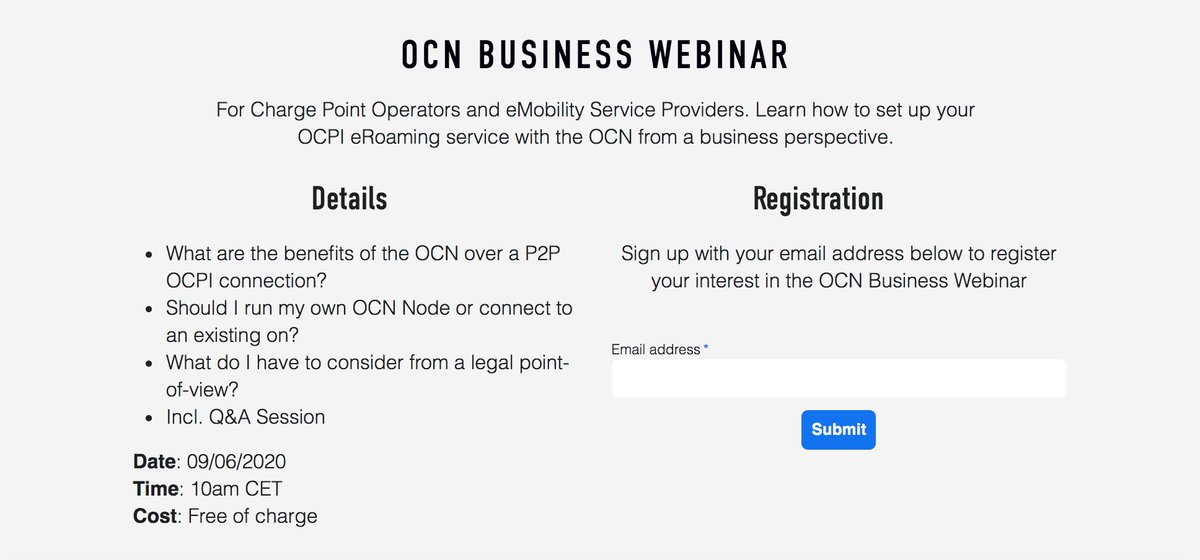 Just under 2 weeks to go until our OCN Business Webinar takes place on June 9. The Webinar is for CPOs and eMSPs who want to learn how to set up their OCPI eRoaming service with the OCN from a business perspective. Follow the link to register now!
lnkd.in/drQhmiC