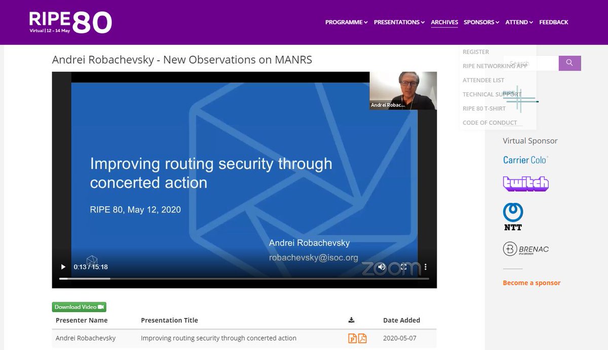 RoutingMANRS's tweet photo. Our @arobach22 gave a brilliant, 15-min webinar entitled "New Observations on #MANRS" at #RIPE80 earlier this month.

Watch it &amp; download the slides here! https://t.co/mJ6bQZtW7e https://t.co/CcL2DTD1rJ