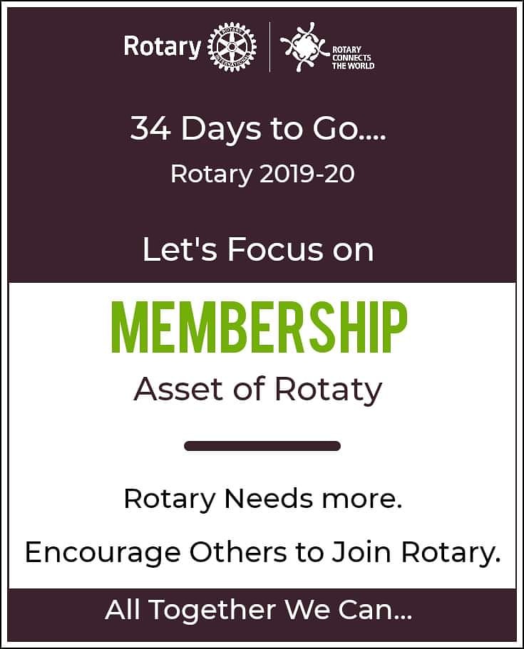 3054Rotary's tweet photo. Countdown Begins ...
34 days to go...
Rotary 2019-20.
Focus on Membership Growth
Rotary needs more.
Encourage others to Join Rotary.
#Rotary #Rotaract #Interact #PeopleofAction #ConnectsTheWorld #Rotary3054 #RotaryClubCentral https://t.co/ueVS6B25zL