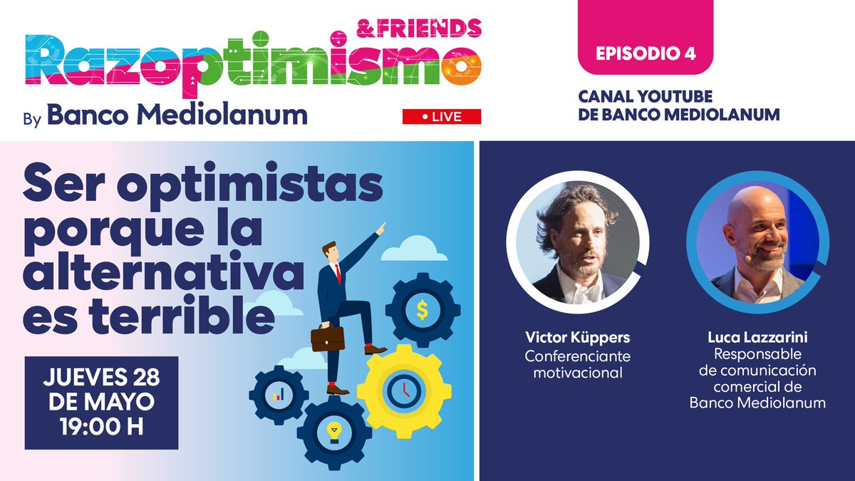 ¿Has apuntado ya la cita con Victor Kuppers? Mañana a las 19.00h estará en el canal de youtube de Banco Mediolanum formando parte del elenco de ponentes que asisten a Razoptimismo &amp; Friends. Ahora y más que nunca necesitamos mirar el futuro con optimismo 
youtube.com/bancomediolanum