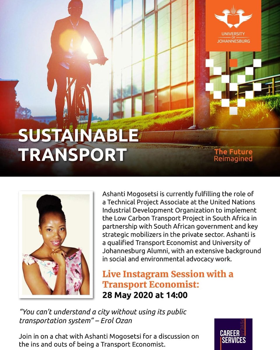 Join us this Thursday for an InstaLive Session with the @UJCareerService to chat about a career in sustainable transport with @UNIDO_SA
@AshantiMbanga 
#CareerStories
#InstaLive
#LetsStayConnected
#YourFutureCareer
#UJCareerServices
#YourCareerReimagined