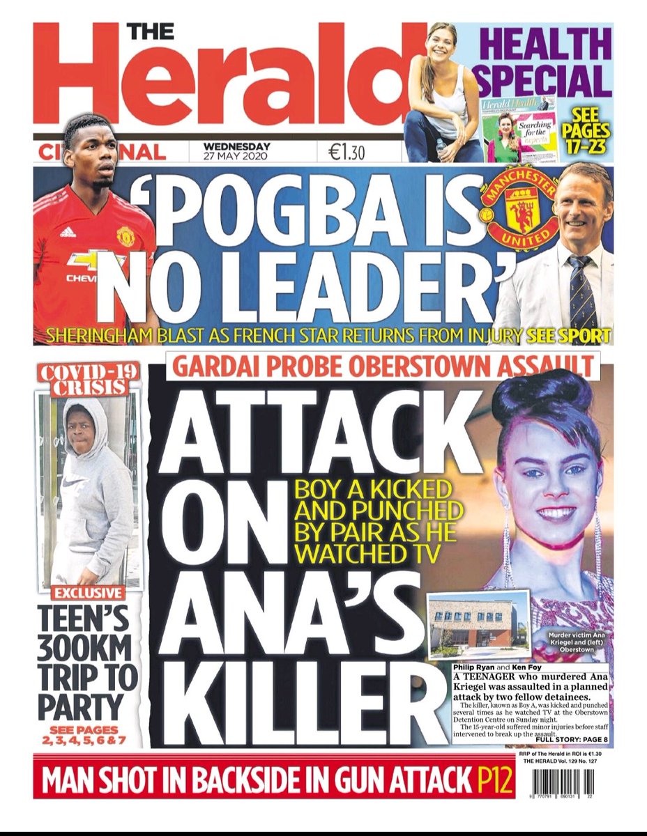 DublinIndo's tweet image. In today's Herald: One of the two teenagers who murdered Ana Kriegel was assaulted in a planned attack by fellow detainees in a centre for young offenders.
Plus - Teen's 300km trip from Manchester to party in Temple Bar.