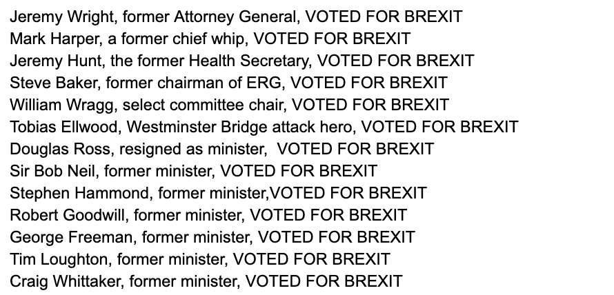 There are increasingly voices trying to claim the case against Cummings is secretly a case against Brexit. Below are MPs or senior Conservatives who have publicly called for Cummings to resign and who voted for Brexit. A quick search found 26, the Times reports 39