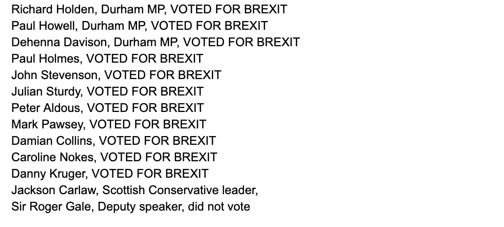 There are increasingly voices trying to claim the case against Cummings is secretly a case against Brexit. Below are MPs or senior Conservatives who have publicly called for Cummings to resign and who voted for Brexit. A quick search found 26, the Times reports 39