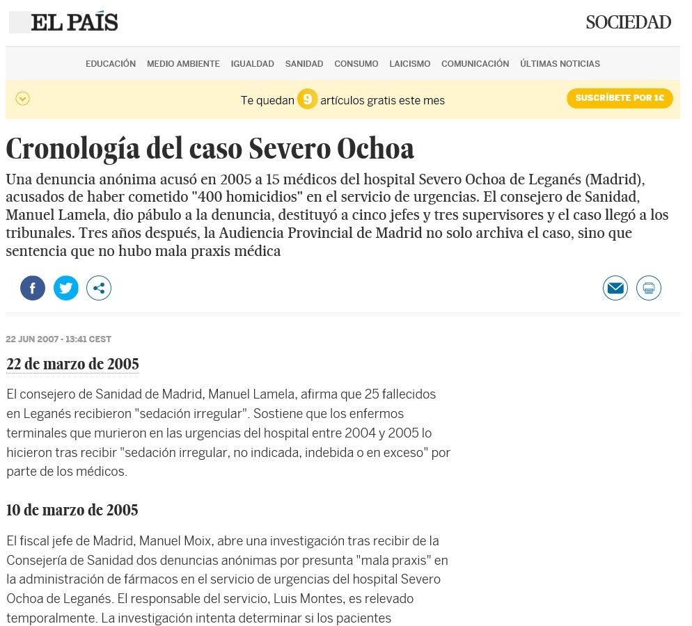 En 2005 la Consejería de Sanidad del <a href="/ppmadrid/">PP Comunidad de Madrid</a> envió a la Fiscalía denuncias anónimas de sedaciones "irregulares" en Urgencias del Hospital <a href="/SeverOchoaLucha/">Plataforma Ciudadana Luis Montes-Leganés</a>. 3 años después el caso se archivó y despejó cualquier duda de mala praxis médica sobre Dr. Montes y resto de profesionales