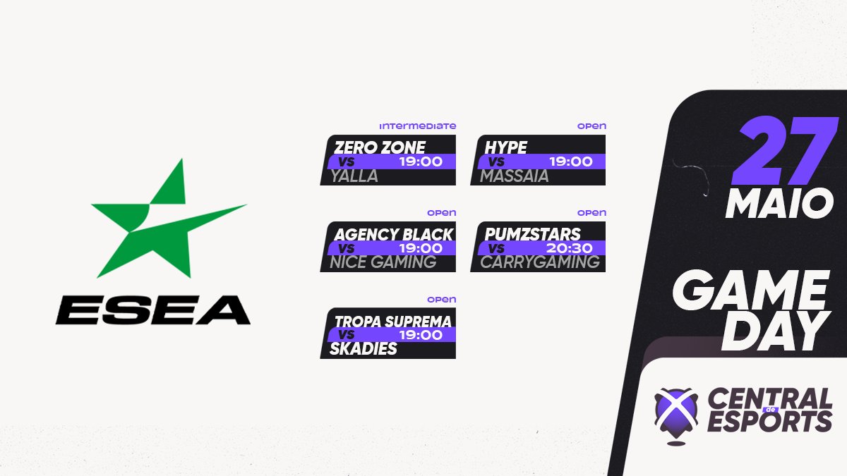CentralDEsports's tweet photo. HOJE na ๐ @ESEA:
19h00
๐ช๐ธ๐ต๐น @zerozoneclub vs @YaLLaEsports ๐ฆ๐ช
๐ต๐น @agency_clan.Black vs @NiceGamingHU ๐ญ๐บ
๐ต๐น @TropaSuprema vs #Skadies @skadegg ๐ณ๐ด๐ต๐น
๐ต๐น @HypeEsportsClub vs #Massaia ๐ณ๐ฑ
20h30
๐ต๐น @pumzstars vs #CarryGaming ๐ต๐ฑ
๐ https://t.co/r4X07wNwUV
#CDEgameday https://t.co/6ziQeY3jF9