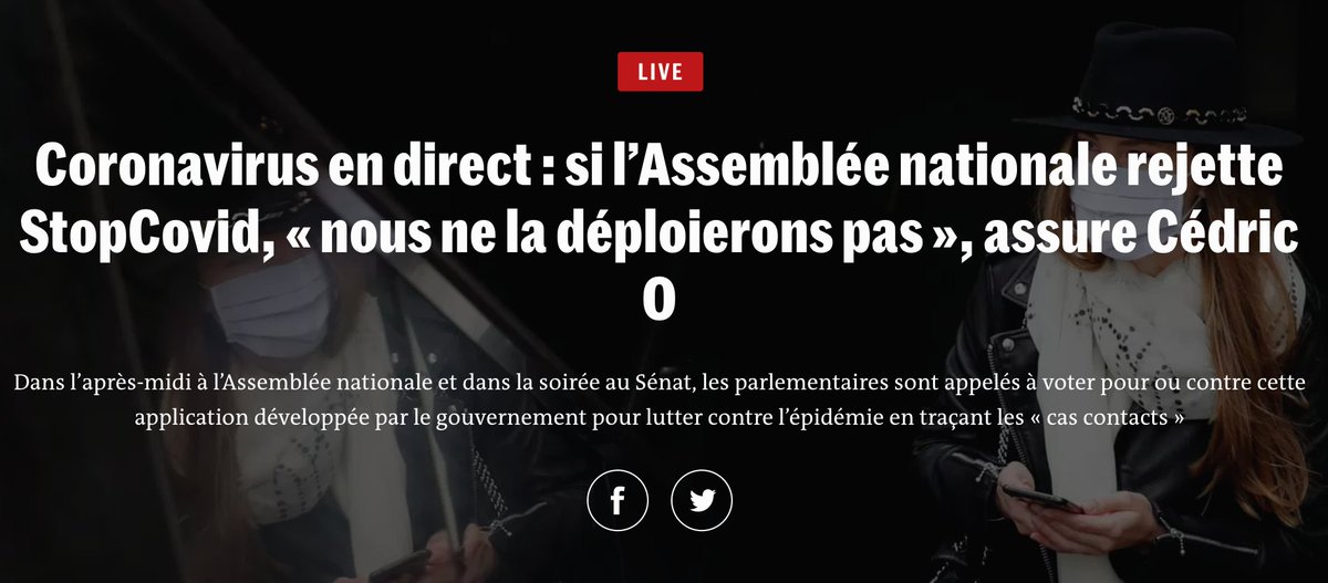 Point politique : pour la première fois Cédric O a dit clairement (sur Europe 1) que si l'Assemblée rejette StopCovid, l'app ne sortira pas. Il est fort probable que cela passe quand même (cf  https://twitter.com/SylvRolland/status/1265542044811964416) mais c'est une porte de sortie possible pour le gouvernement.