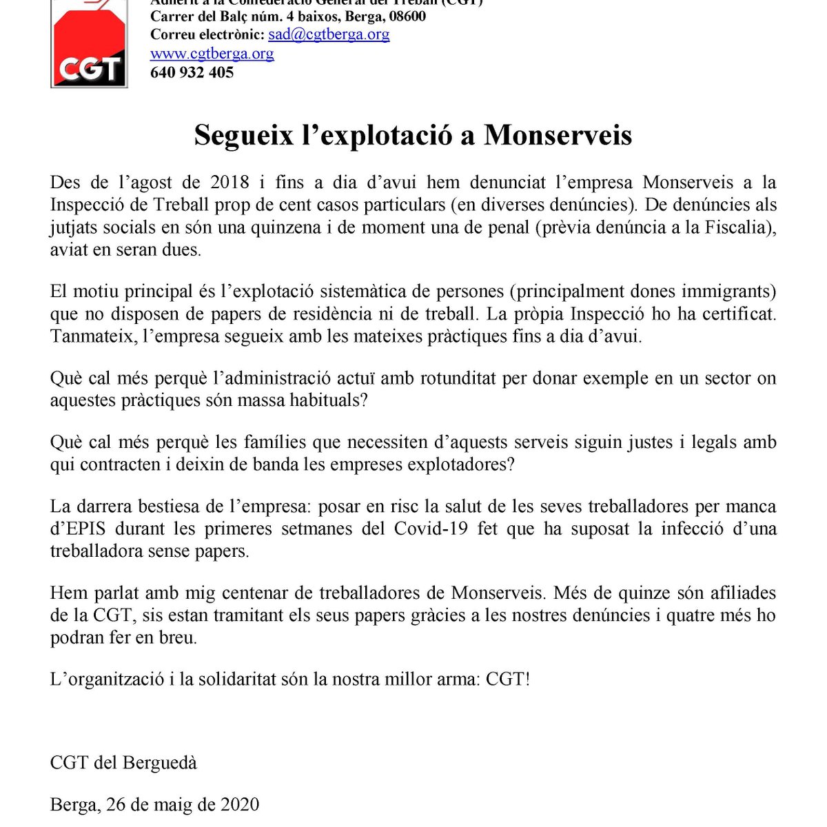 Comunicat de la #CGT a #Monserveis: l'empresa dirigida per #XaviPubill, #EduardFlores i #EvaSerrat segueix #explotant les treballadores: