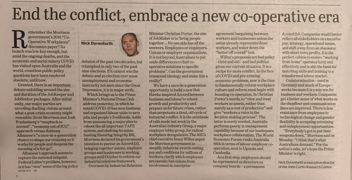 dyrenfurth's tweet image. ICYMI today’s @theage opinion piece on yes, you guessed the subject, #codetermination again. #auspol #workplaceculture #itstime