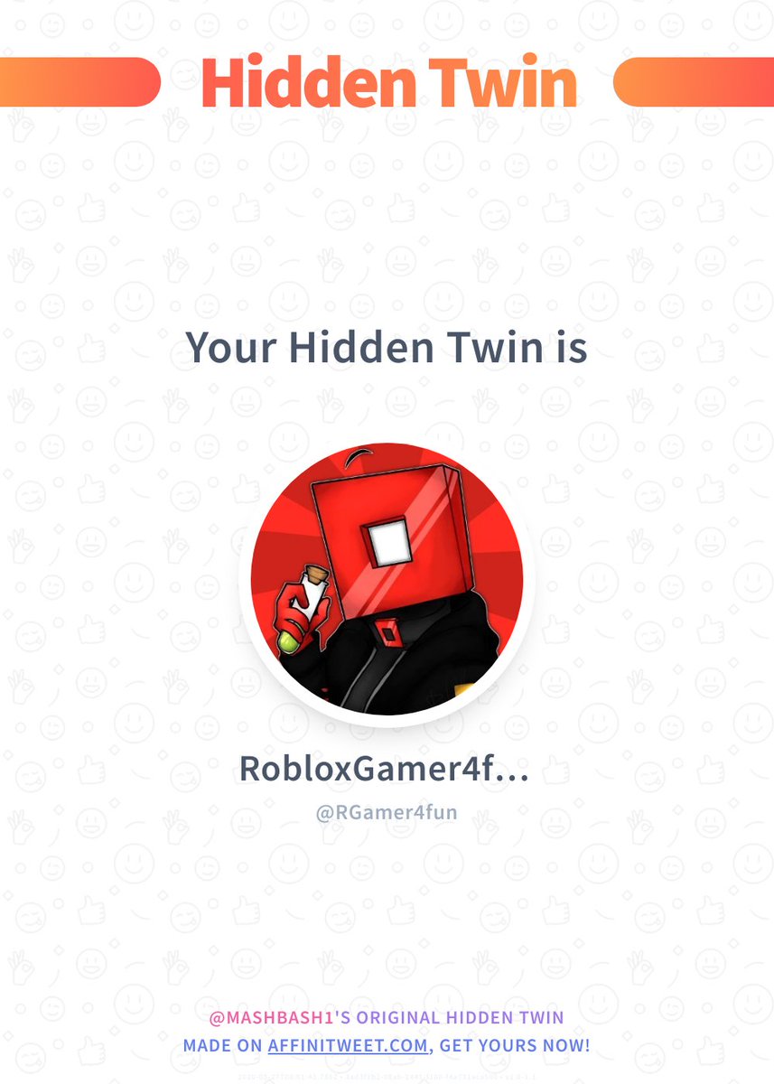 Mashbash1's tweet image. #Affinitweet Hidden Twin
RGamer4fun is my hidden twin 😱
Find out who is yours!
via affinitweet.com/hidden-twin