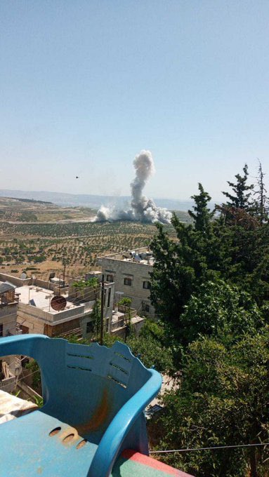  #Syria: aftermath of  #Russia|n airstrike on W.  #JisrShoghur countryside. Intense aerial activity, including a drone.