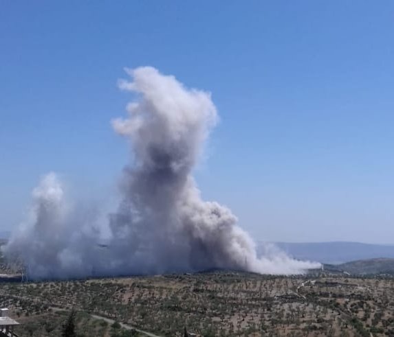  #Syria: aftermath of  #Russia|n airstrike on W.  #JisrShoghur countryside. Intense aerial activity, including a drone.