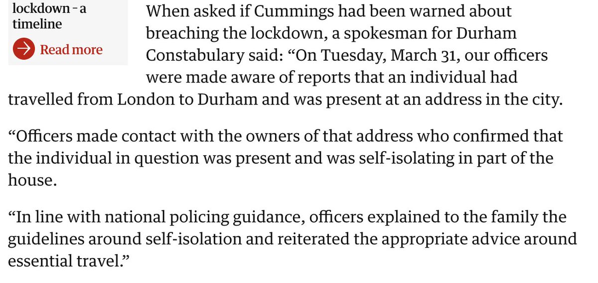 There are two elements reported by the press which Cummings denies:- That Durham police spoke to him- That he returned to Durham on April 19One is a quote from police. The other includes the denial. This is reporting. Neither are why Tory MPs call for his head.