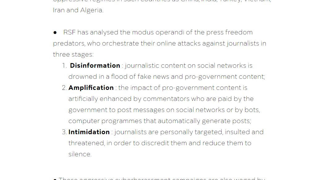 These attacks can amount to what might be called by  @RSF_inter as "press freedom predators" - who generally operate according to the following criteria. [And it's not just the right that do this, although the analysis above is mostly right-wing accounts]