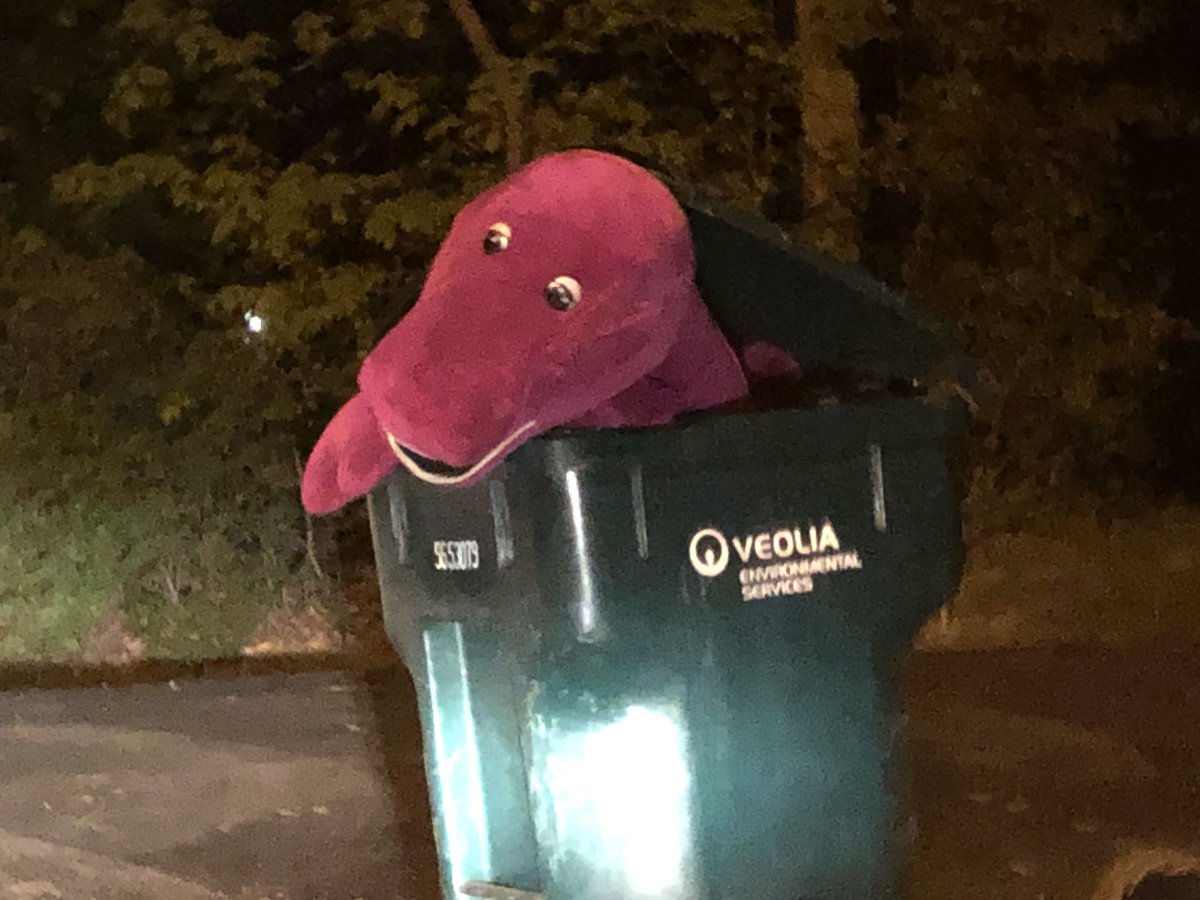 MikeCurkov's tweet photo. I don’t understand how, but somehow #GarbageBarney survived garbage day on my street. Baby Bop must have something to do with this... https://t.co/Wn5LGBSebG