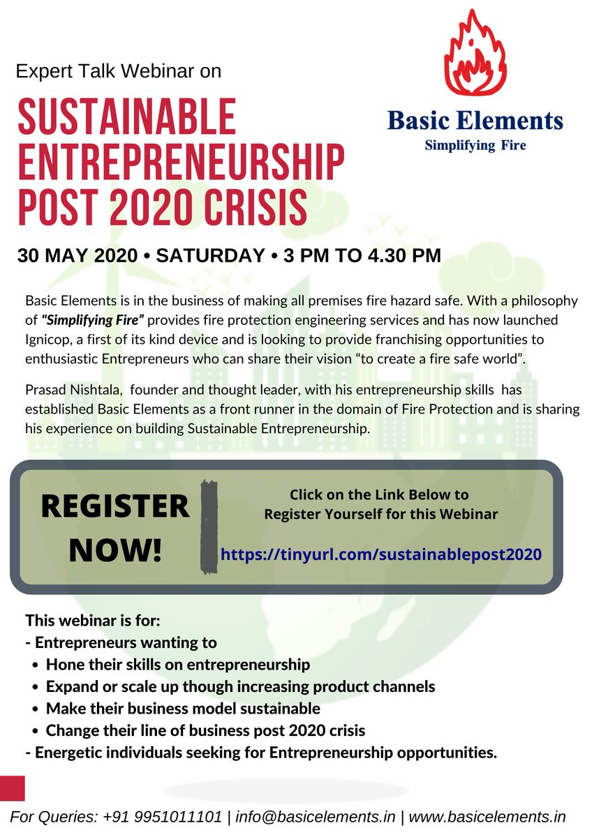 ElementsBasic's tweet image. Basic Elements - Expert Talk Webinar on “ Sustainable Entrepreneurship Post 2020 Crisis “
🗓️ : 30th May 2020 (Saturday)
🕒 : 3:00pm To 4:30pm
🔗Register Here:⤵️
tinyurl.com/sustainablepos…