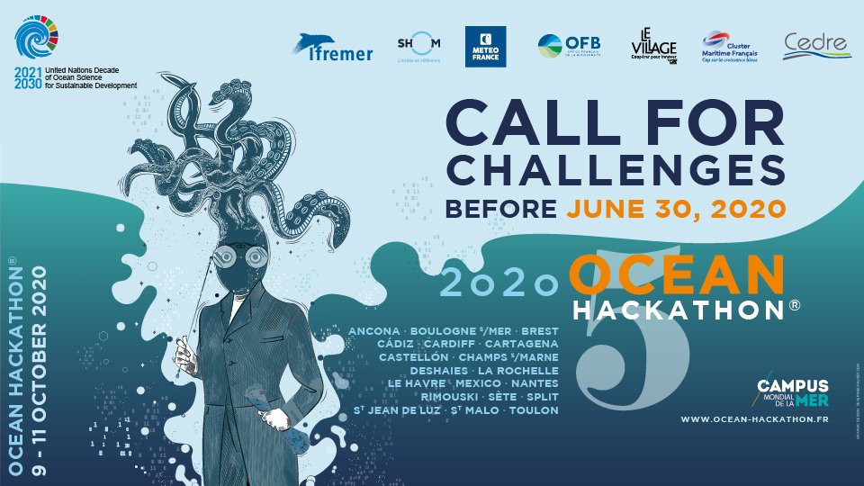 📢Call for challenges to join the Ocean Hackathon® 2020 adventure from October 9 to 11, 2020. 

Deadline: June 30, 2020

For more info: bit.ly/2TI2u8Y

#OceanHackathon #Oceans #Hackathon #MarineData
#Innovation #OceanPreservation