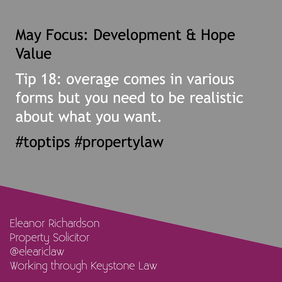 eleariclaw's tweet image. Tip 18: overage comes in various forms but you need to be realistic about what you want #toptips #overageagreement #developmentvalue #hopevalue #propertylaw #ukpropertylaw