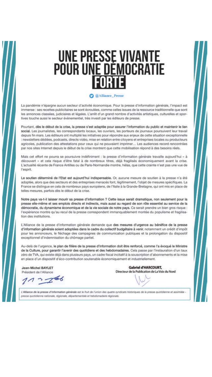 GabrieldHarcour's tweet photo. « Une presse vivante pour une démocratie forte ». L’appel de tous les éditeurs de ⁦@Alliance_Presse⁩ pour un soutien à la presse d’info. générale, qui voit certaines de ses recettes s’effondrer. Malgré ses audiences « record » et ses nombreuses initiatives. #presse https://t.co/KYIaC6T70Y