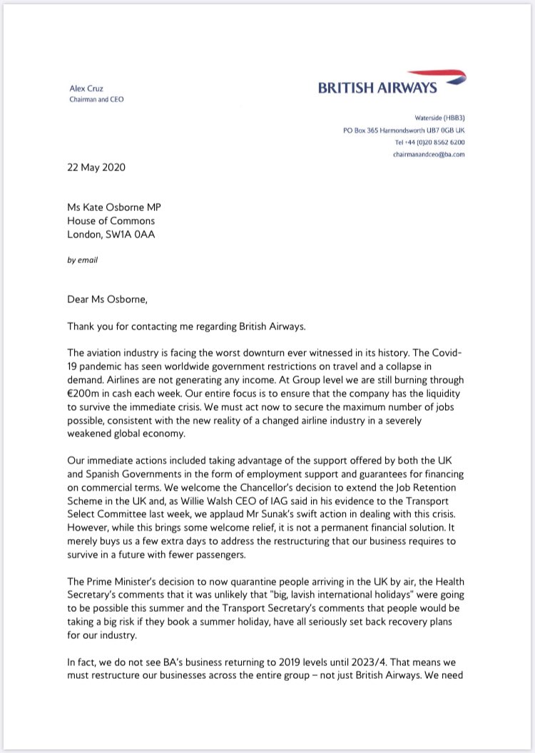 KateOsborneMP's tweet photo. Below is the response that I have received to my letter to CEO of @British_Airways re. redundancy of 12,000 BA workers. To restructure an entire workforce in the middle of a pandemic is morally wrong when a system in place for businesses to retain workers. https://t.co/amz0CTKojc