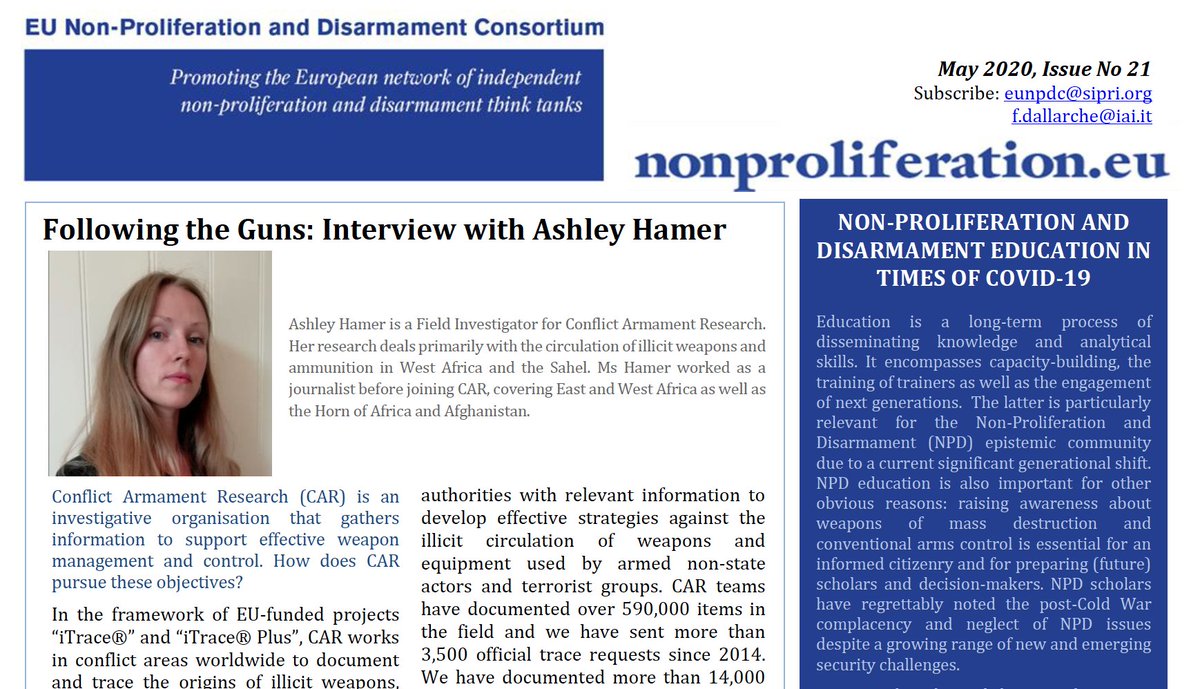 EU_NonProlif's tweet photo. Have a closer look at the May issue of our #EUNPDC Newsletter! Find out more on the work of @conflictarm. Including CAR Field Investigator Ashley Hamer on challenges in preventing the illicit diversion of conventional weapons. #iTrace®
@eu_eeas @IAIonline @FedeDallArche https://t.co/GeA22eqkVv