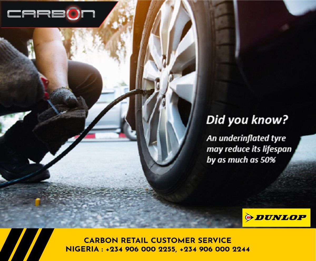 carbonretail's tweet photo. Correct tyre pressure is vital for safety, braking, grip and maximising the life of your tyres. Visit our stores for a FREE tyre pressure check! #TyreSafety #CarbonRetail #DunlopNigeria https://t.co/zmwNuLirsP