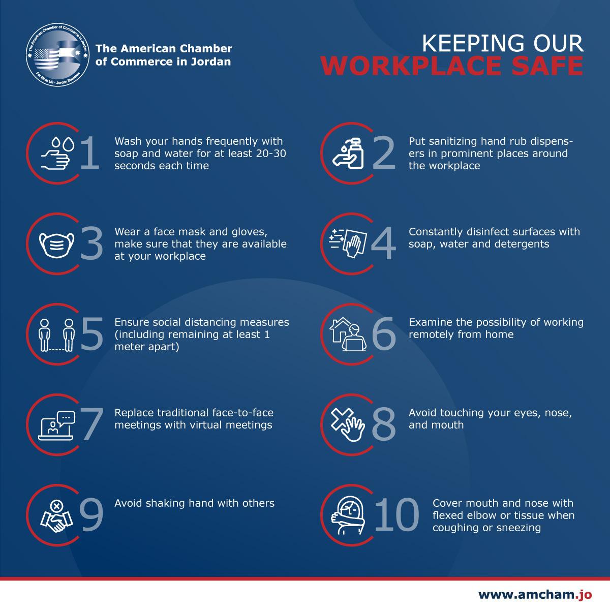 AmChamJordan's tweet photo. Here are some tips on appropriate preventive measures to help in achieving a safe and healthy return to work environment.

#COVID19 #Jordan #StaySafe #StayHealthy #Cornavirus #AmCham #AmChamJo

#الأردن #كورونا_الأردن https://t.co/86KG8RLh4G