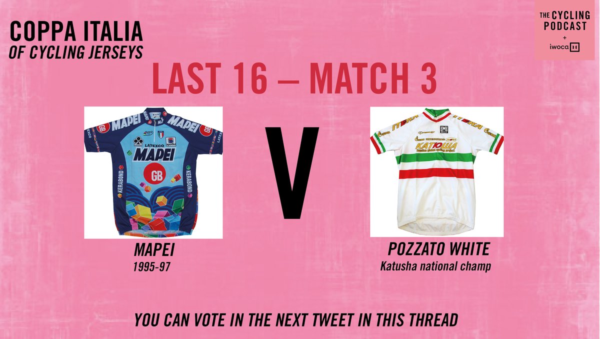 As expected, Mapei's mid-90s classic romped through the group stage and will meet Filippo Pozzato and Katusha's interpretation of the national champion's jersey...Unbelievable that Pozzato edged out both Carrera and Ariostea in the 'Group of Death'.Vote in the next Tweet...