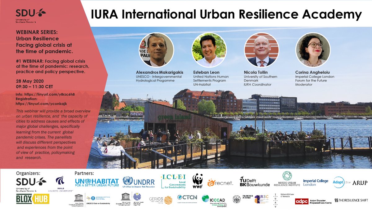 #1 WEBINAR on #UrbanResilience w/
<a href="/Nicola_Tollin/">Nicola Tollin</a> of <a href="/SduResilience/">UNESCO Chair on Urban Resilience at SDU</a>
@EstebanLeon71 of <a href="/UNHABITAT/">UN-Habitat</a>
 and <a href="/Alexandros39/">Alex Makarigakis</a> of <a href="/UNESCO/">UNESCO 🏛️ #Education #Sciences #Culture 🇺🇳</a>
 moderated by @futuresforensic of <a href="/imperialcollege/">Imperial College London</a> 

📅Thu 28th May 9:30-11:30 CET 
➡️Register tinyurl.com/yconkajk

 #resilientcities #urbanresilience