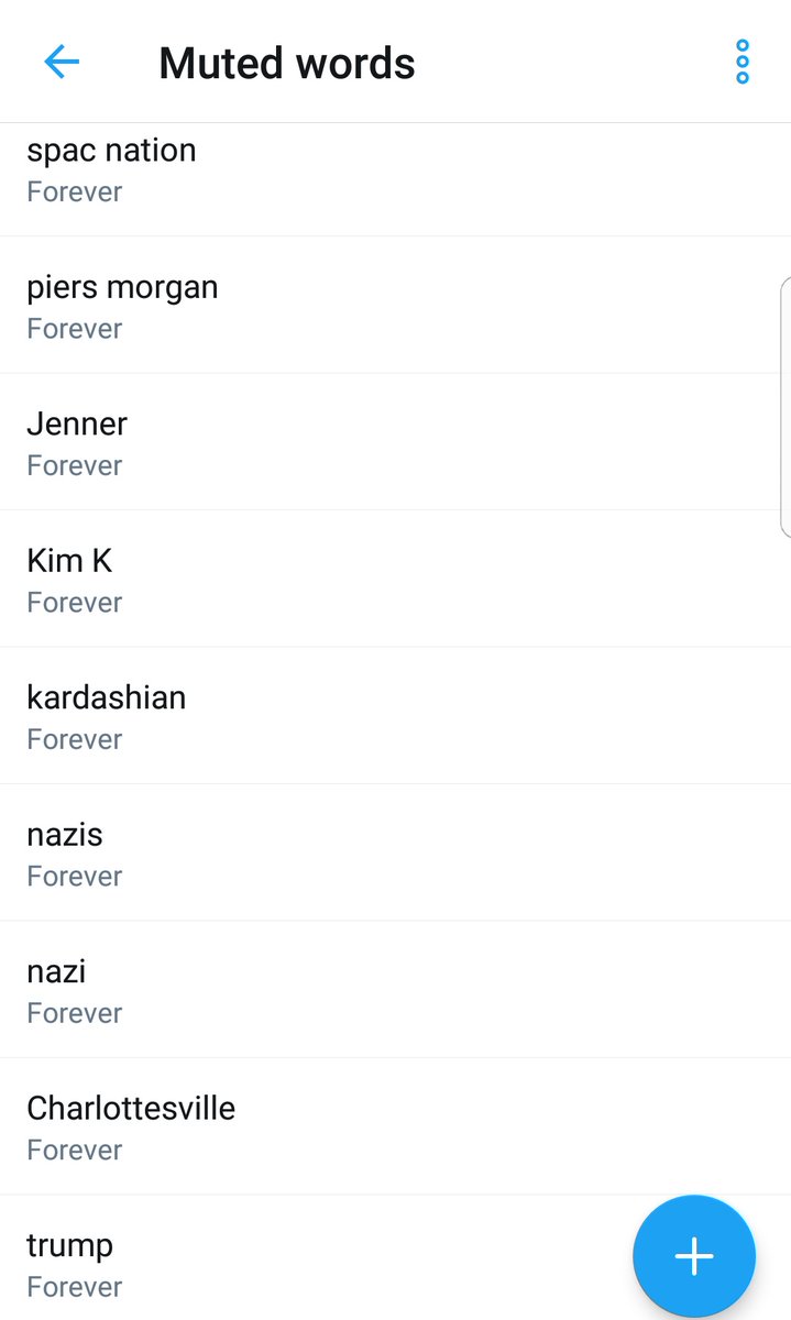 Here's part of my list of muted words (the part I can show without causing offence).In the past I have also muted the # Bl@ckLiv€sM@tter for 7 days at a time because seeing Black people dying and in trauma is just simply not healthy.