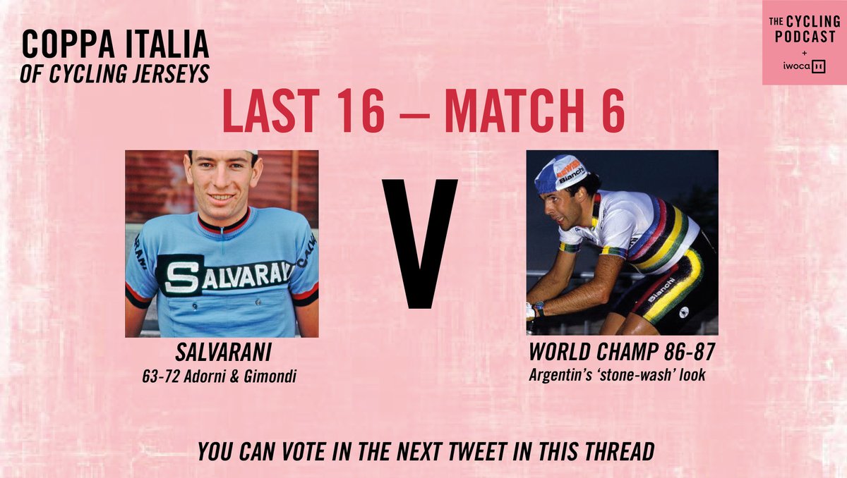 Felice Gimondi's stone-cold classic versus the stone-wash rainbow bands worn by Argentin in 1986-87...Vote in the next Tweet and keep scrolling down this thread...