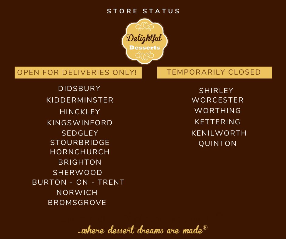 Delightful Desserts on Twitter: "❗️UPDATED STORE STATUS❗ Please be sure to  check this post to find out if your store is open for deliveries. To make  your order you can give us