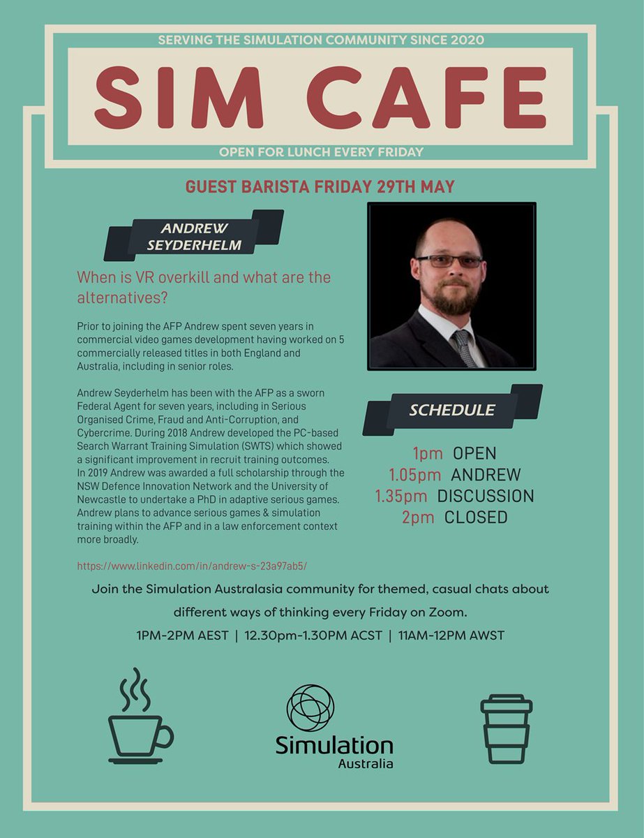SimAustralasia's tweet image. Join us once again in the Sim Cafe this Friday with our special guest  Andrew Seyderhelm
Register today ow.ly/nhki50zPYRt