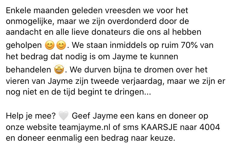 KAARSJE - ‘We durven bijna te dromen over het vieren van Jayme zijn tweede verjaardag, maar we zijn er nog niet en de tijd begint te dringen..’

Help je mee? Geef Jayme een kans en doneer op: teamjayme.nl of sms KAARSJE naar 4004🙏
#teamjayme2020 #dankbaar