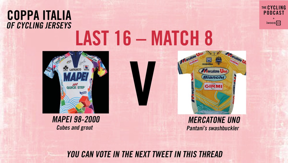 And finally – a clash of the late 1990s classics. The 1998-2000 Mapei jersey (the second Mapei jersey to reach the knockout stage) against Marco Pantani's Mercatone Uno (which edged out Cipollini's Saeco)