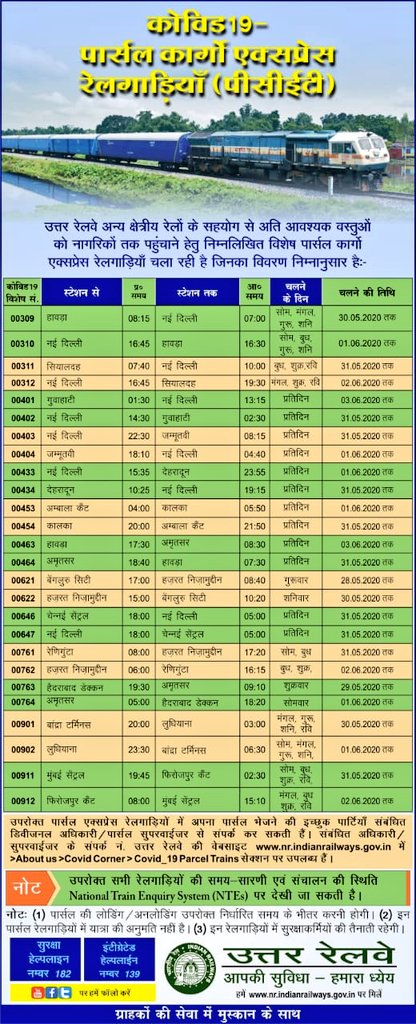 उत्तर रेलवे द्वारा आवश्यक सामग्री के परिवहन हेतु पार्सल कार्गो एक्स. ट्रेनों का परिचालन किया जा रहा है। इच्छुक व्यक्ति आवश्यक पार्सल इन पार्सल ट्रेनों के माध्यम से भेज सकते हैं। 

ये पार्सल रेलगाड़ियां टाइम-टेबल आधारित हैं व तेज गति से पार्सल गन्तव्य स्टेशनों पर पहुंचाती हैं।