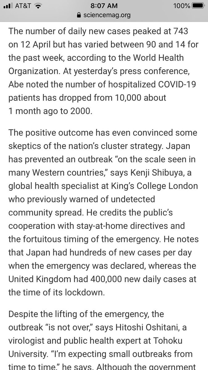 Great piece about how Japan beat coronavirus without hysterically destroying its economy or society: no lockdowns, no mass testing, no universal masking required. Two main steps - discourage clustering in gyms and bars, and use good hygiene. Crazy, huh?  https://www.sciencemag.org/news/2020/05/japan-ends-its-covid-19-state-emergency?utm_campaign=news_daily_2020-05-26&et_rid=687438071&et_cid=3340566