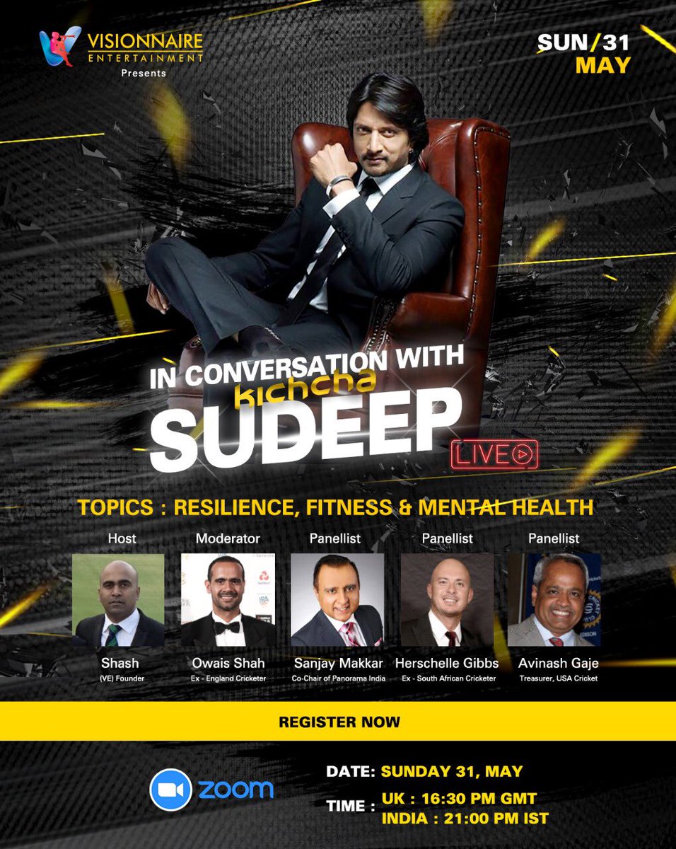 VisionnaireEnt's tweet photo. Keep your questions handy. We're coming LIVE 
In conversation with Kichcha Sudeep  
@KicchaSudeep @hershybru @owaisshah203 
Register: https://t.co/k2MsJKlSOl https://t.co/ELTtPBLYhL