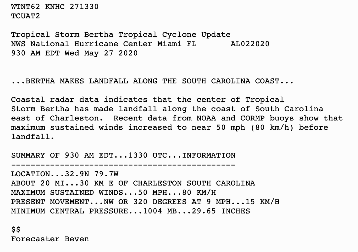 NHC_Atlantic's tweet photo. Tropical Storm #Bertha has made landfall along the SC coast about 20 miles east of Charleston with maximum sustained winds of 50 mph https://t.co/tW4KeGdBFb https://t.co/mMBHWCUsQG