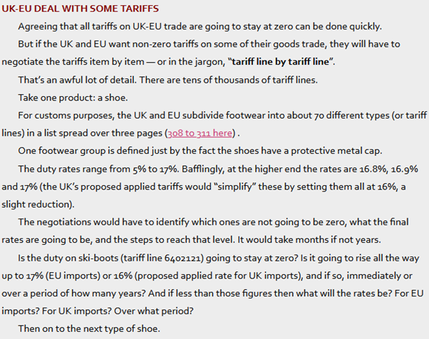 13/20—Line by line tariff talks.Perhaps the UK & EU cannot agree on fisheries or fair competition. Or for some other reason.Some tariffs might not be zero. They would be negotiated product by product. Suddenly the talks would require a lot more time. https://tradebetablog.wordpress.com/2020/05/27/wto-terms-part-2-goods/#level