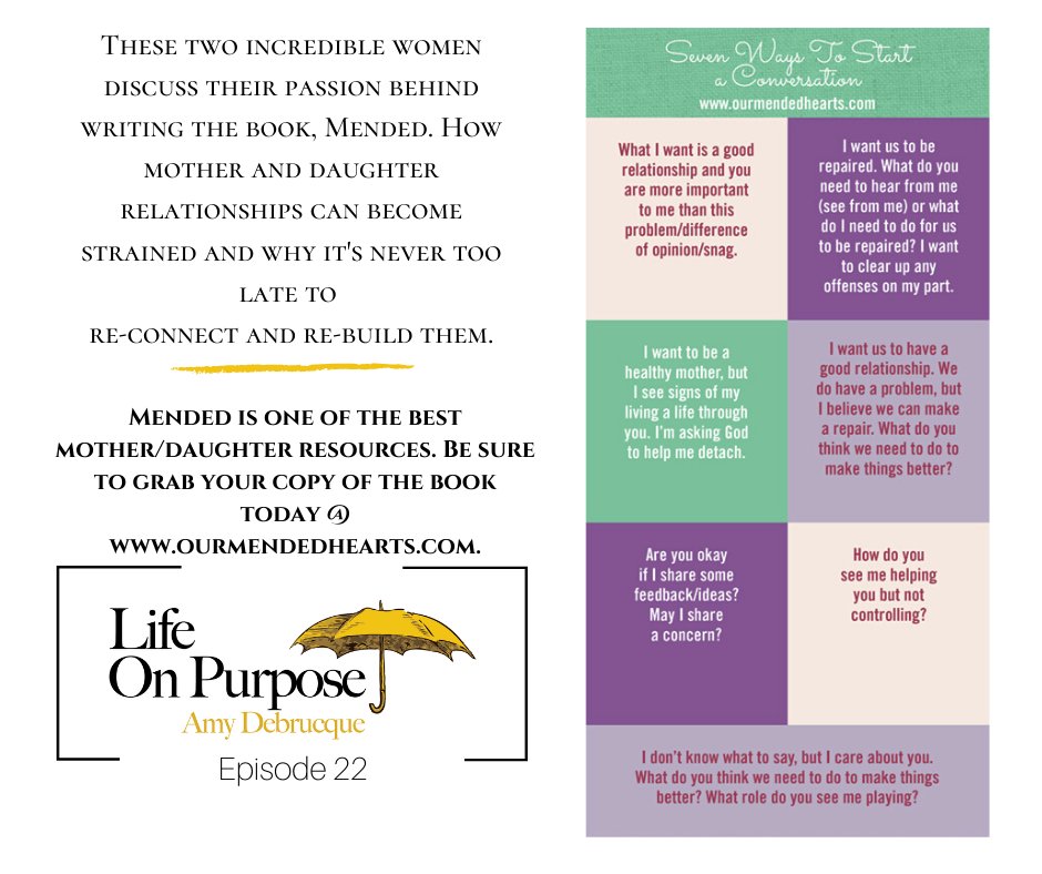 ADebrucque's tweet photo. Mother/Daughter Relationships.  Tune in for my interview with Dr. Helen McIntosh and literary agent Blythe Daniel as they share their book Mended. https://t.co/fkhBEniShO