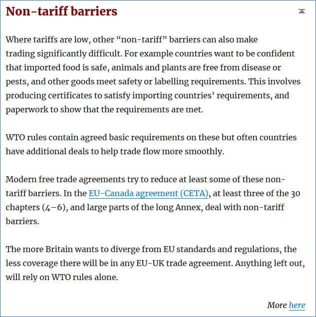 14/20—Non-tariff barriers.Requirements on safety standards and a host of other regulations raise costs: to tailor production, get the goods tested and obtain certificates and other paperwork.UK-EU trade on WTO terms increases these costs. https://tradebetablog.wordpress.com/2020/05/27/summary-wto-terms-brexit/#nontariff