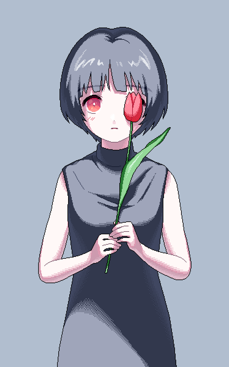 1girl flower solo holding short hair red eyes sleeveless  illustration images