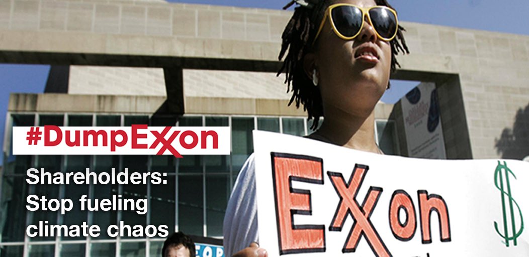 350NYC's tweet image. Shareholders meeting at @exxonmobil AGM today should know this: History will judge them harshly if they keep funding climate chaos. The FinanceClimateChallenge.org is launching today calling on the finance industry to divest from Big Oil. #DumpExxon @ActOnClimate #ExxonAGM #XOM