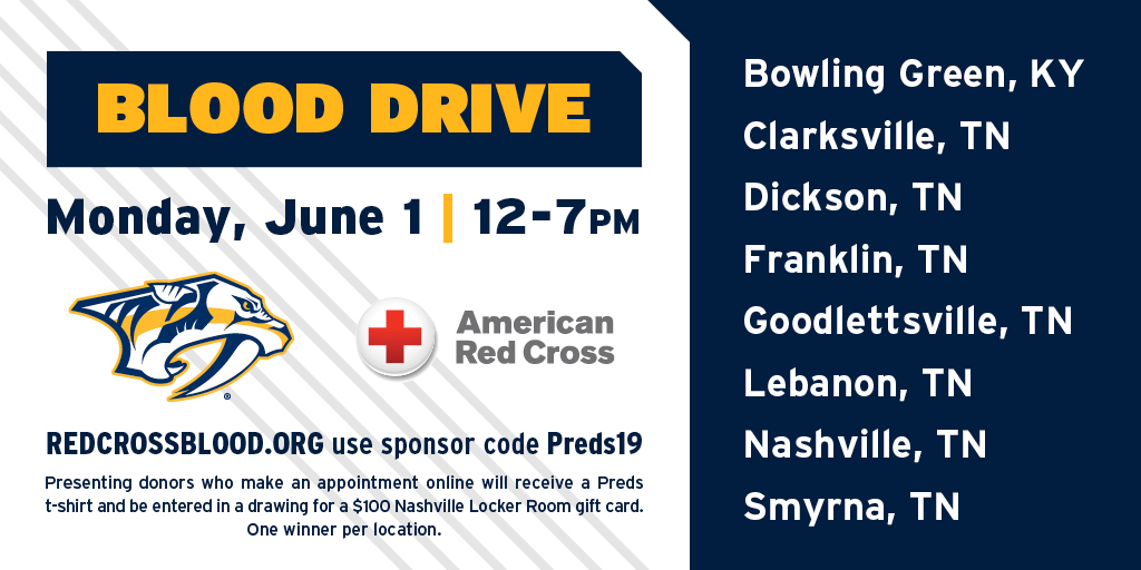 PredsNHL's tweet photo. The #Preds are partnering with @RedCrossTN for a multi-city blood drive on June 1! 

Make an appointment here → https://t.co/iRe58uaZ57 https://t.co/fmu4OHrdMI