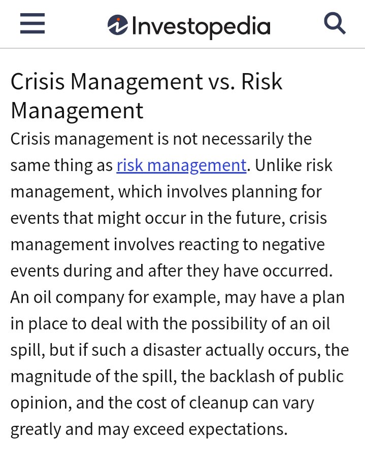 Beda crisis management vs risk management dijelaskan secara simpel oleh  @Investopedia disini. Kalo risk management lebih pada plan untuk menghadapi sesuatu yg mungkin terjadi di masa depan. Sedangkan crisis management, fokus pada masalah yg saat ini sedang dan sudah terjadi.