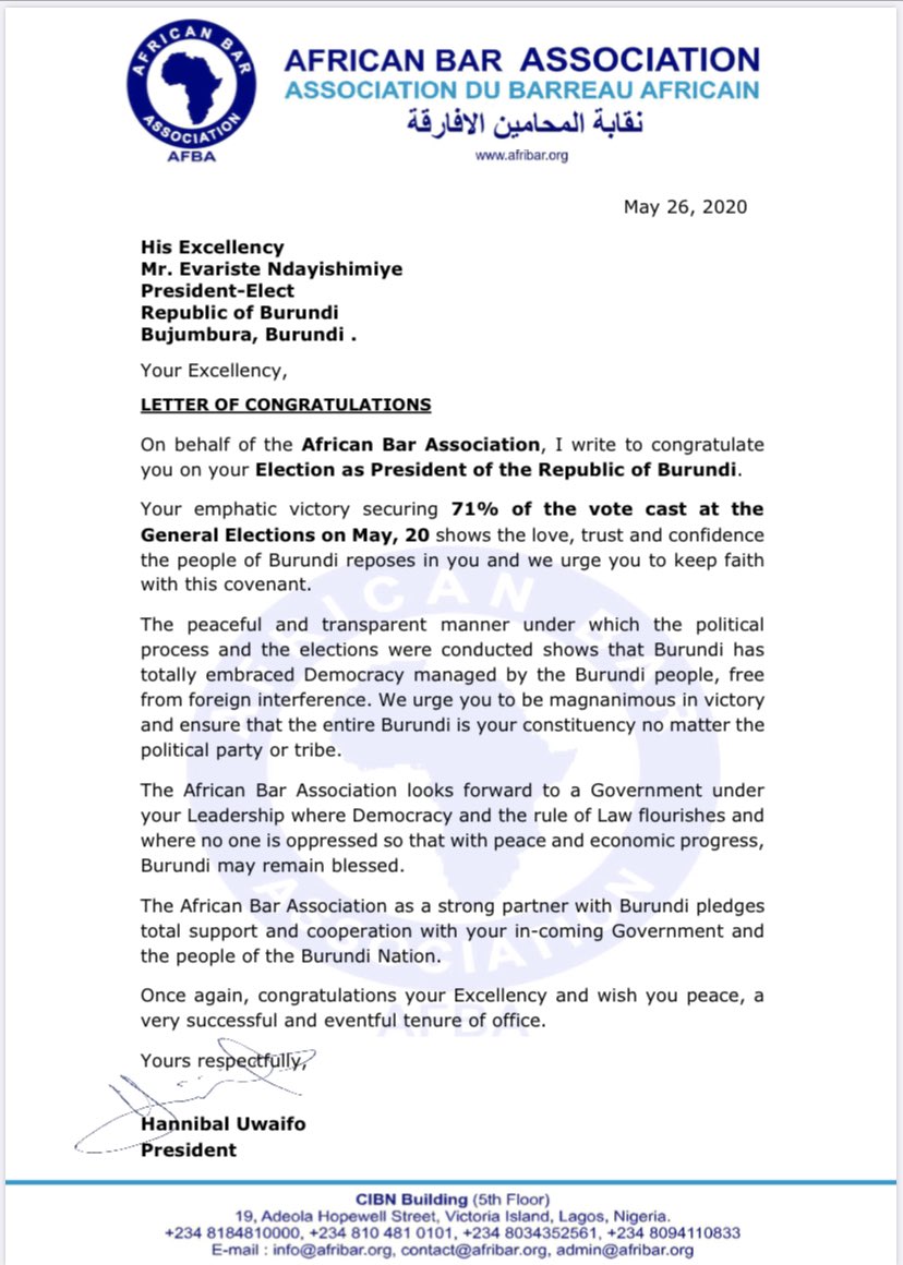 M. Hannibal Uwaifo, Président de l’Association du Barreau Africain a adressé une lettre de félicitation à SE <a href="/GeneralNeva/">SE Evariste Ndayishimiye</a>, pour la confiance que le Peuple Burundais a placé en lui à l’issue de la Présidentielle de Mai 2020.